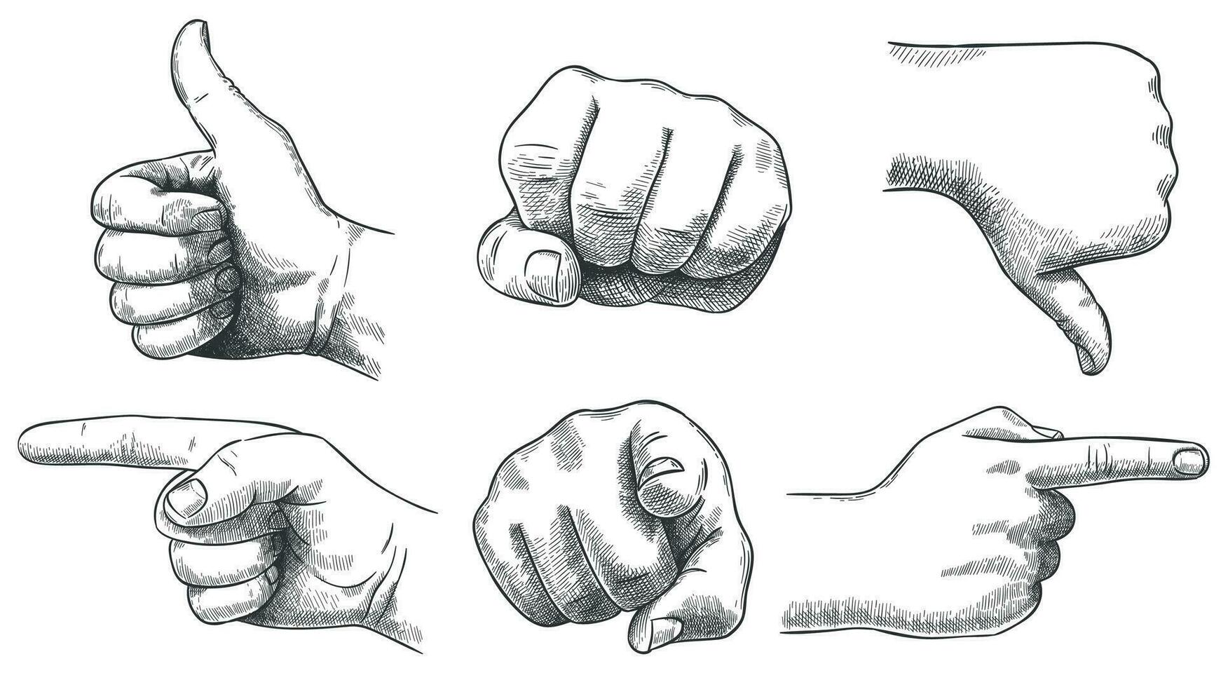 Engraved hands gesture. Hand drawn like and dislike, sketch punch and pointing finger. Vintage hand pointer vector illustration set
