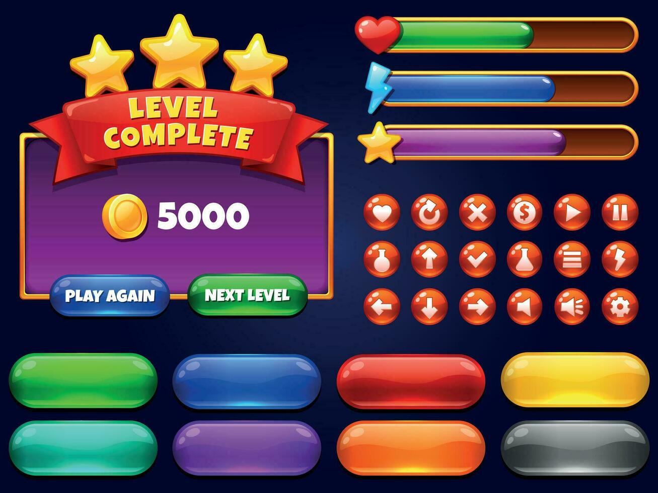 Game UI. Level complete menu with golden stars and buttons. Health bar, arrows and play button for mobile games interface vector illustration set
