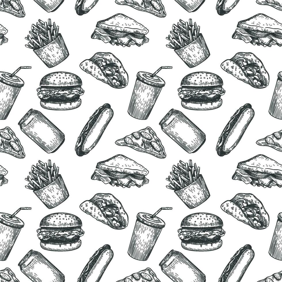 Fast food seamless pattern. Hand drawn pizza, burger and fries, hot dog, hamburger and cola for fast food menu wallpaper vector texture