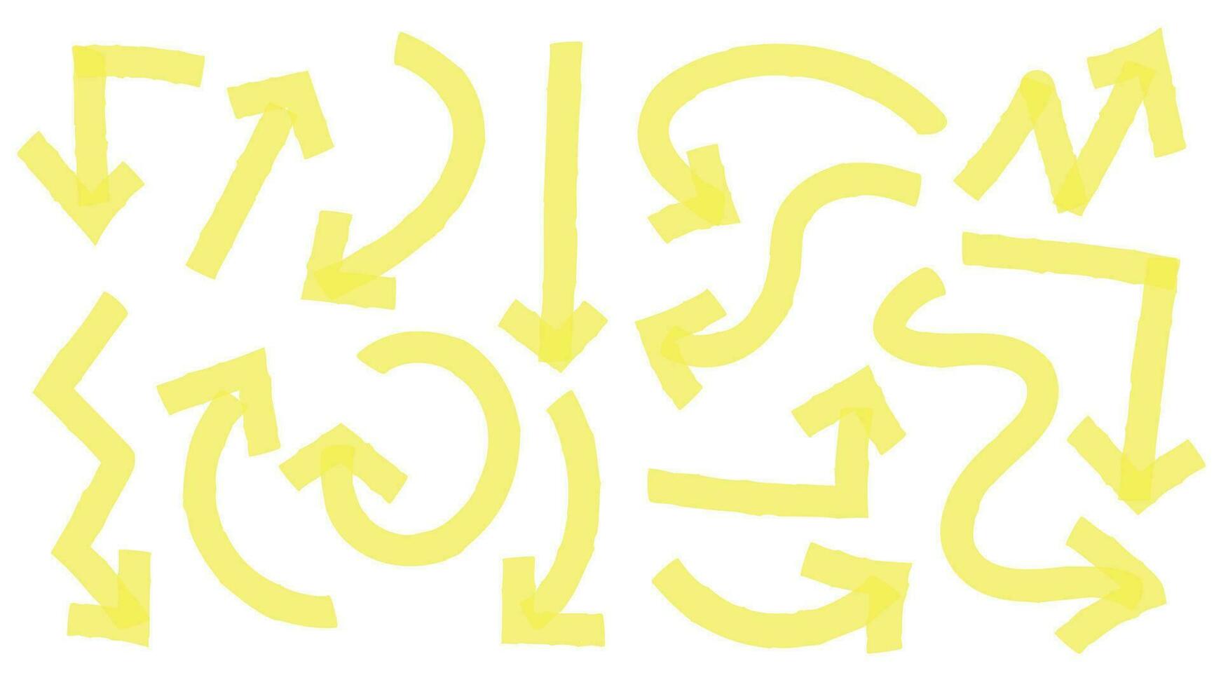 Hand drawn yellow highlighter arrows, pointers in different directions. Curly and wavy arrowheads and lines vector