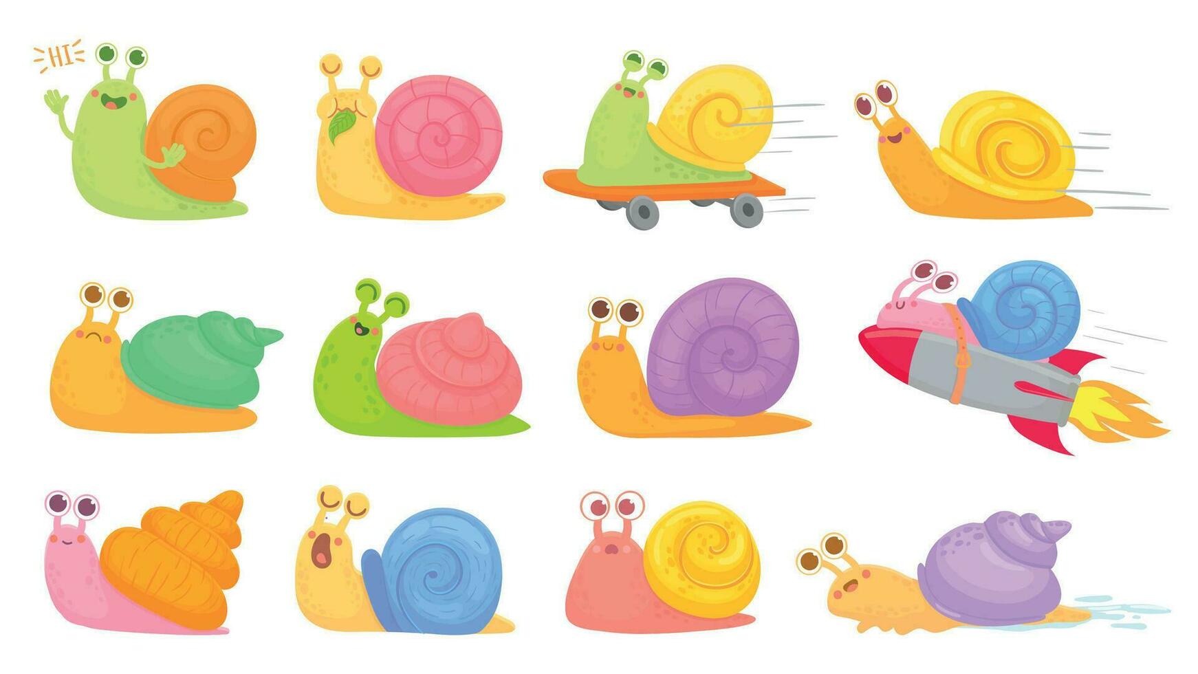 Cartoon snails. Slug on on startup rocket, skateboard and sleeping, yawning and fast vector kids characters set