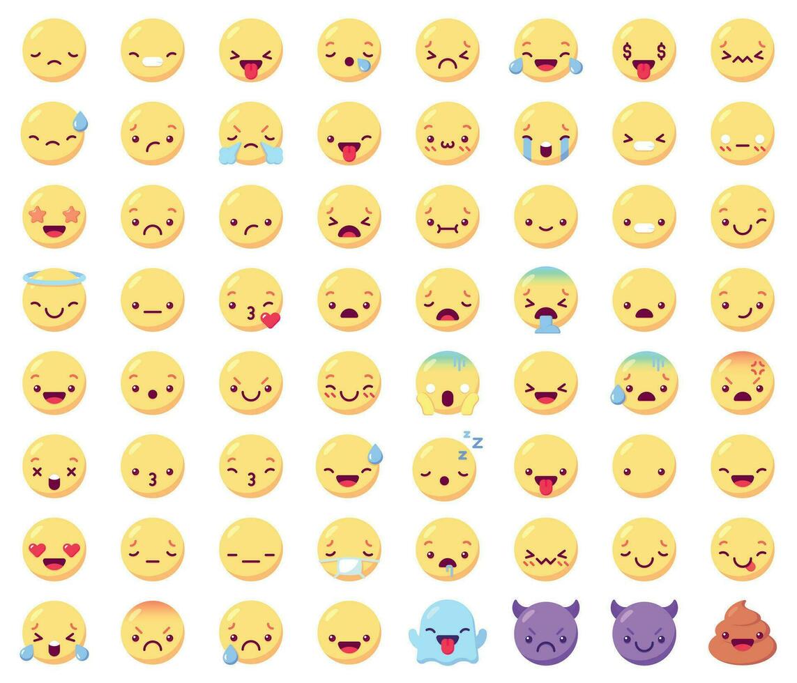 Flat emoticon emoji. Happy smiling yellow faces, angry and sad, joy and cry, facial expressions. Ghost, devil and shit vector icons set