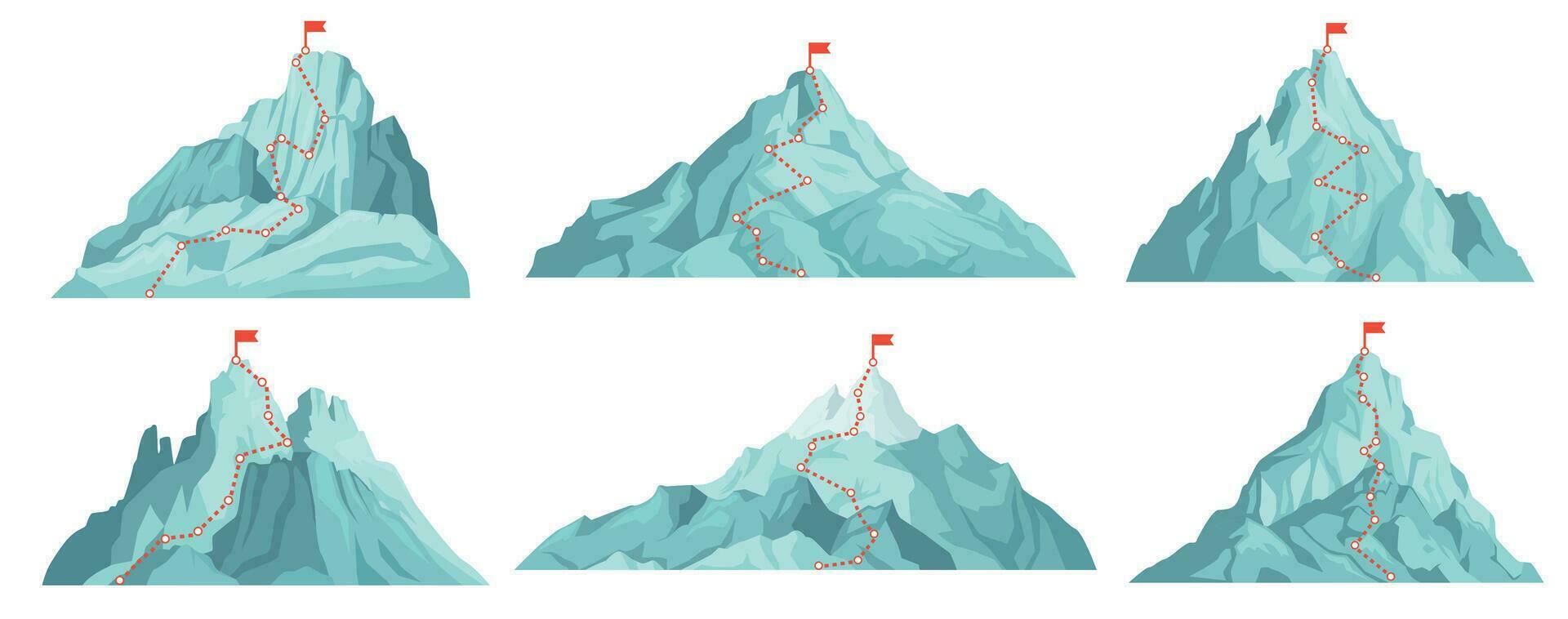Route to mountain peak. Climbing to mountains with red flag on top. Progress infographics, success business, vision cartoon vector concepts