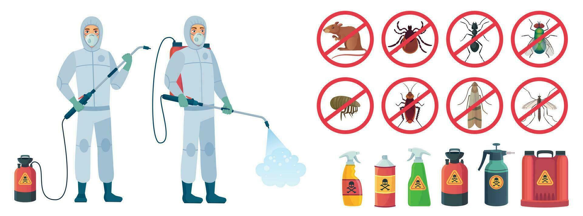 Cartoon disinfector. Disinfectors characters in protective suits with poison spray bottle. Get rid of rats and insects vector illustration set