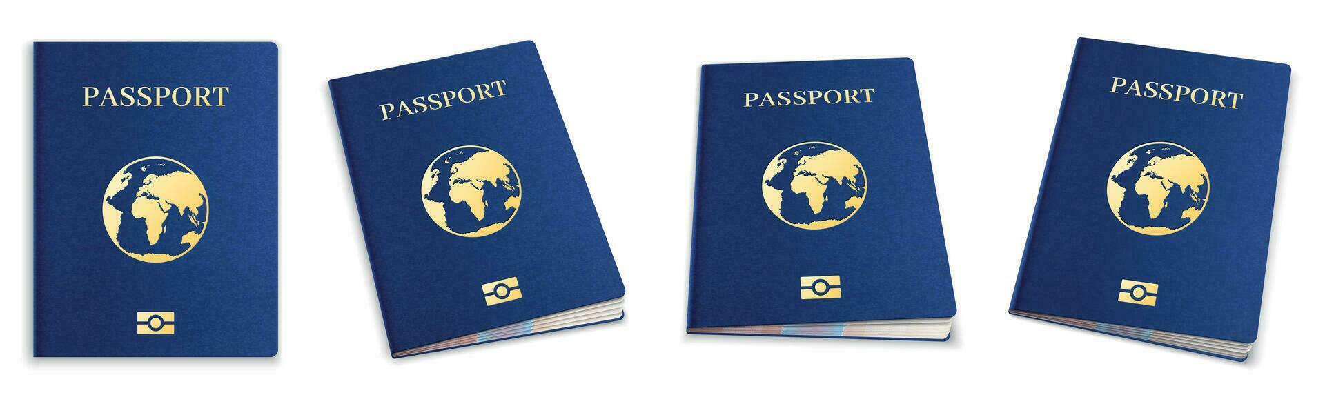 Realistic 3d passport. International passport cover template for travelling, personal immigration. Blue id document with globe vector set.