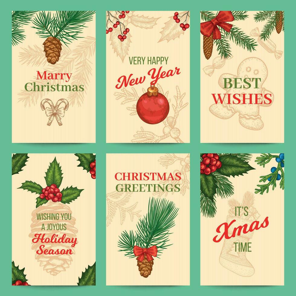 Navidad bosquejo tarjeta colocar. invierno Navidad invitación tarjetas con acebo, abeto ramas y pelotas, juguetes y congratulatorio texto Clásico vector. vector