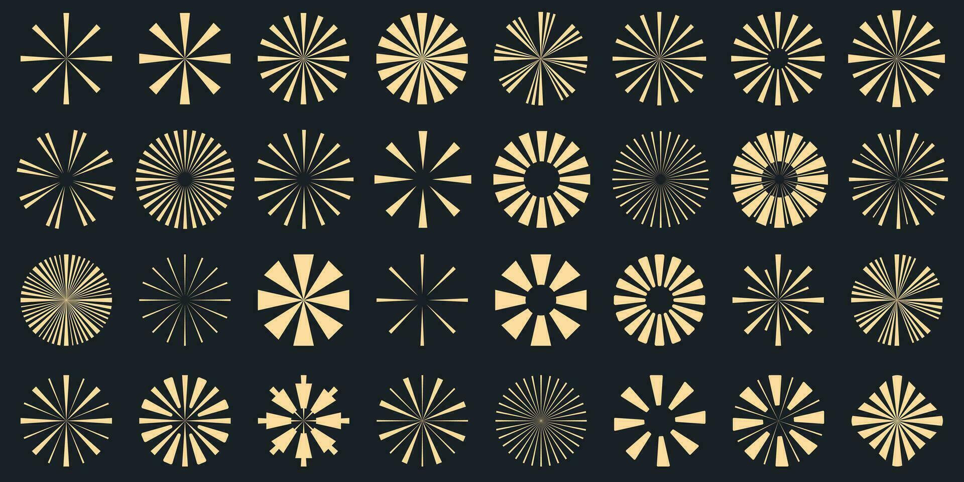 Sunburst collection. Radial sunset beams. Bursting golden sun rays. Fireworks. Logotype or lettering design element. Flat vector illustration.