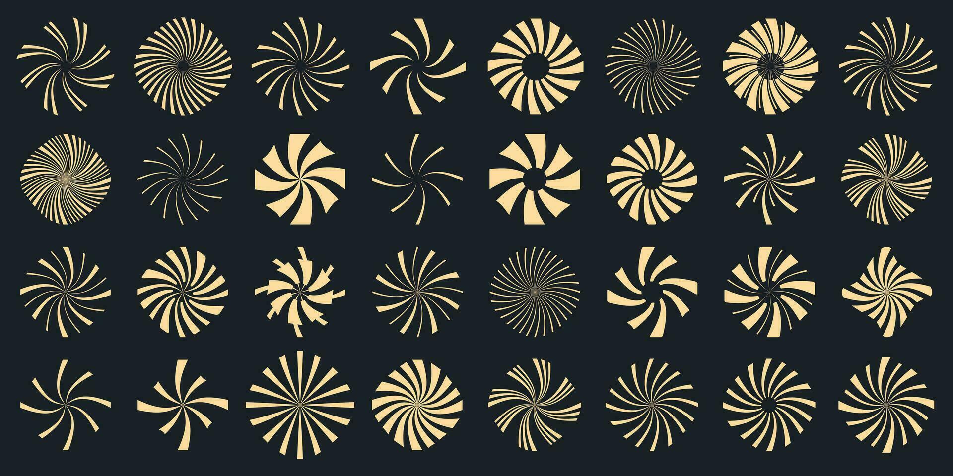 Sunburst collection. Radial sunset beams. Bursting golden sun rays. Fireworks. Logotype or lettering design element. Flat vector illustration.