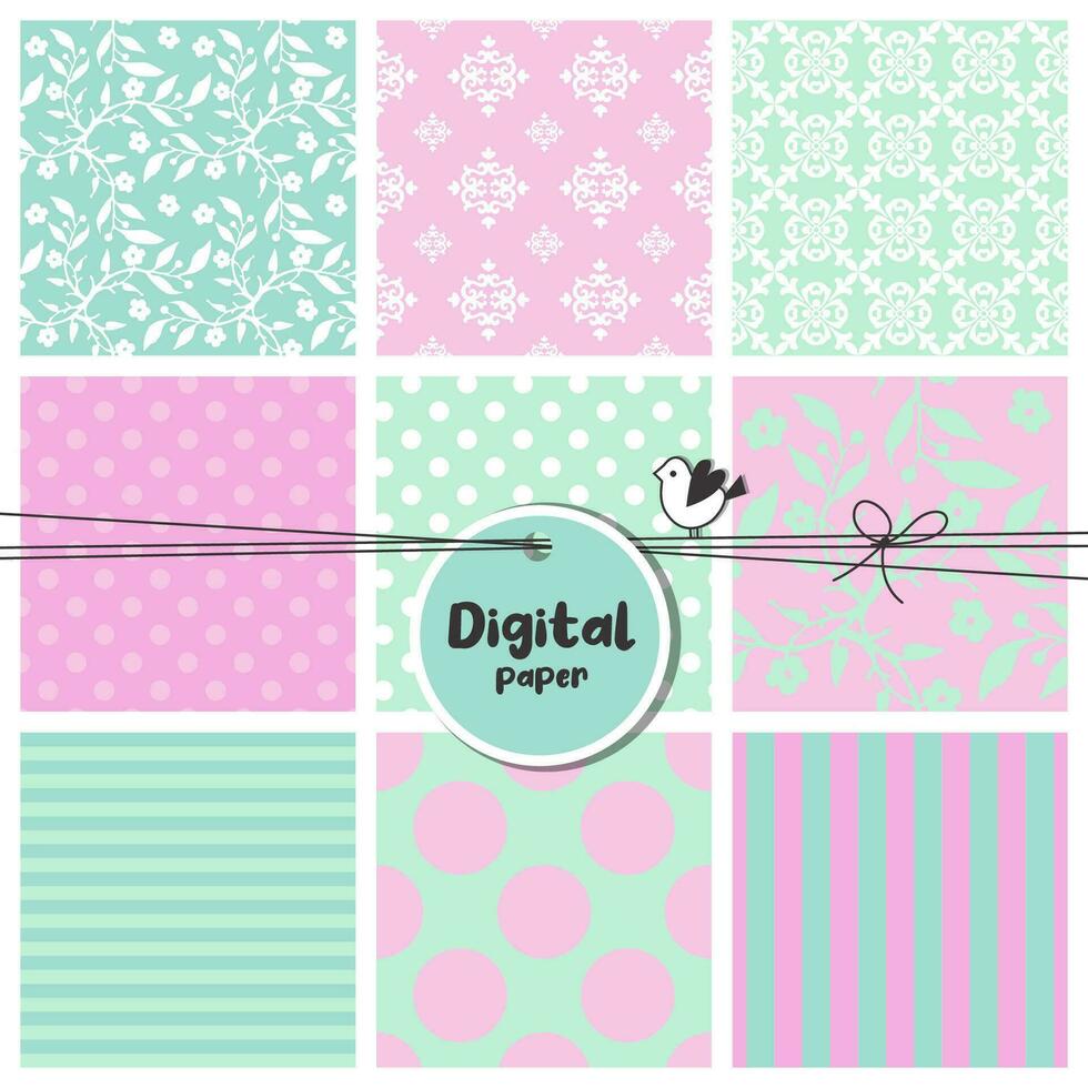 Digital papers, Set of seamless patterns, flowers, dots, stripes, square swatches vector