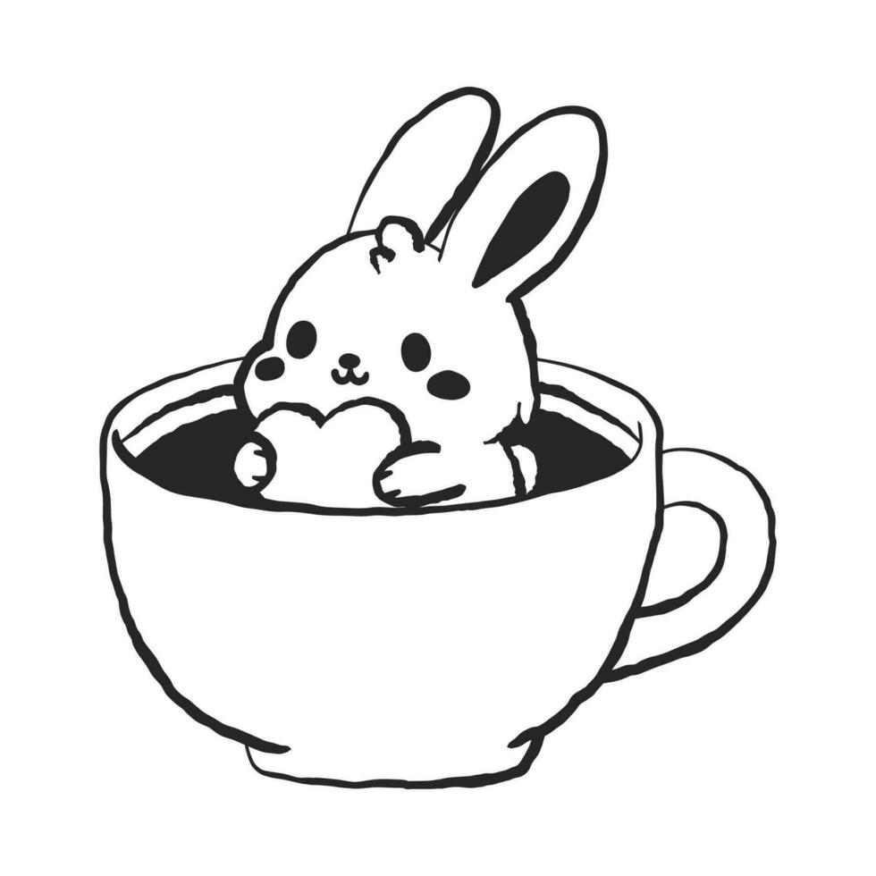 Cute rabbit in coffee cup line art vector illustration