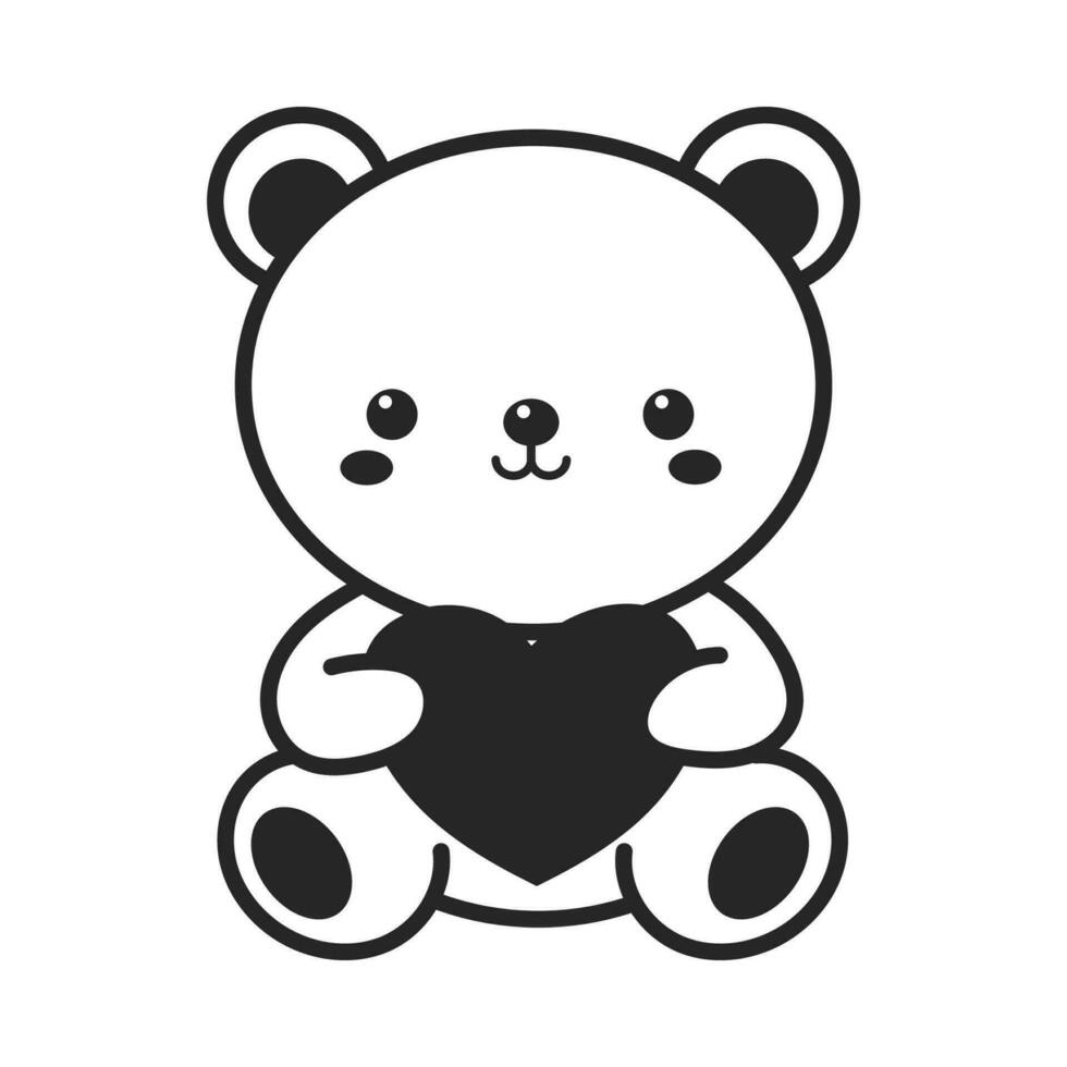 Kawaii bear heart hug line art vector illustration