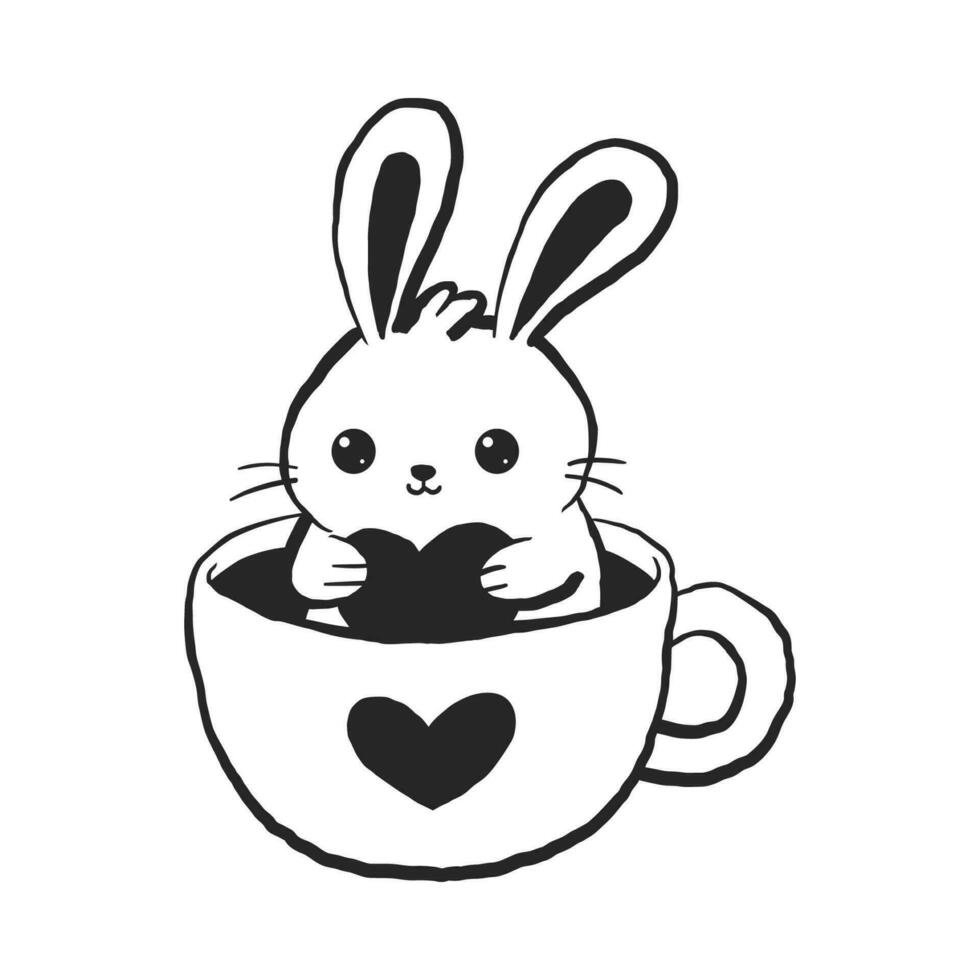 Cute rabbit in coffee cup line art vector illustration