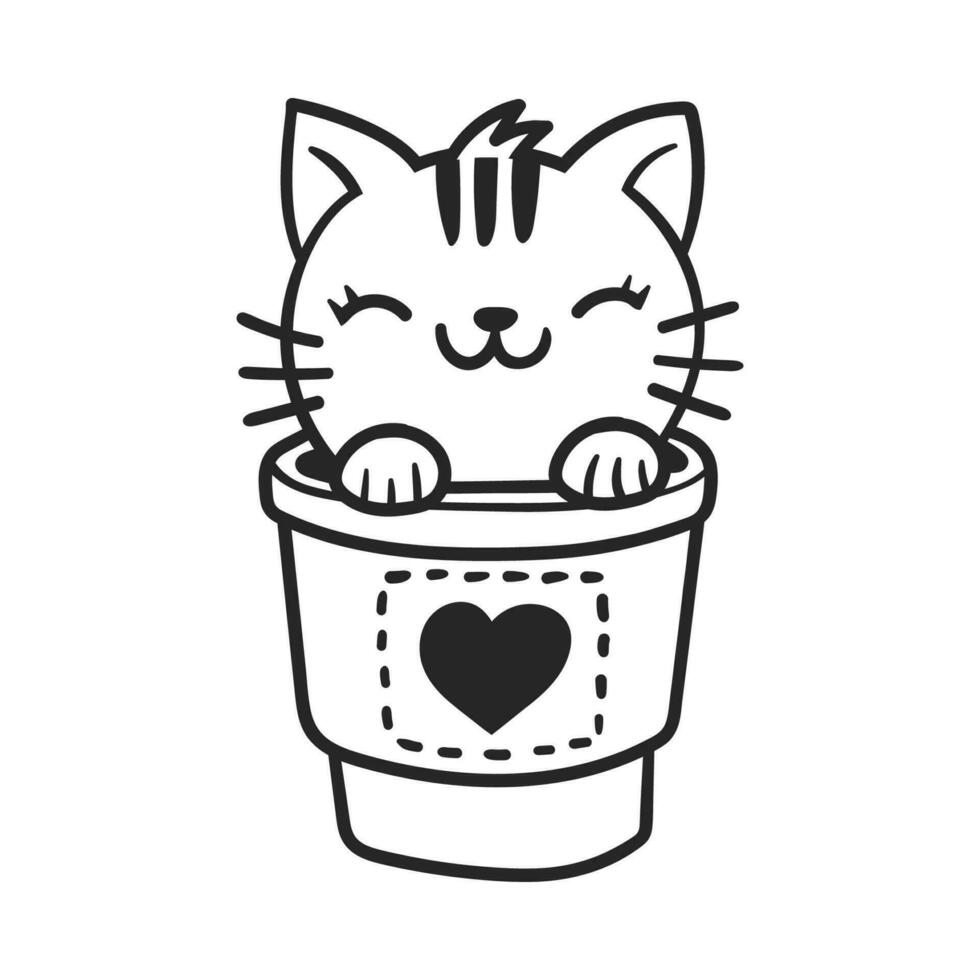 linda gato en café taza línea Arte vector ilustración