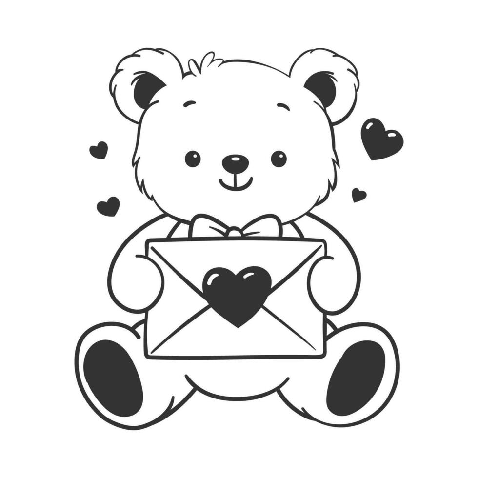 Cute bear hold love letter line art vector illustration