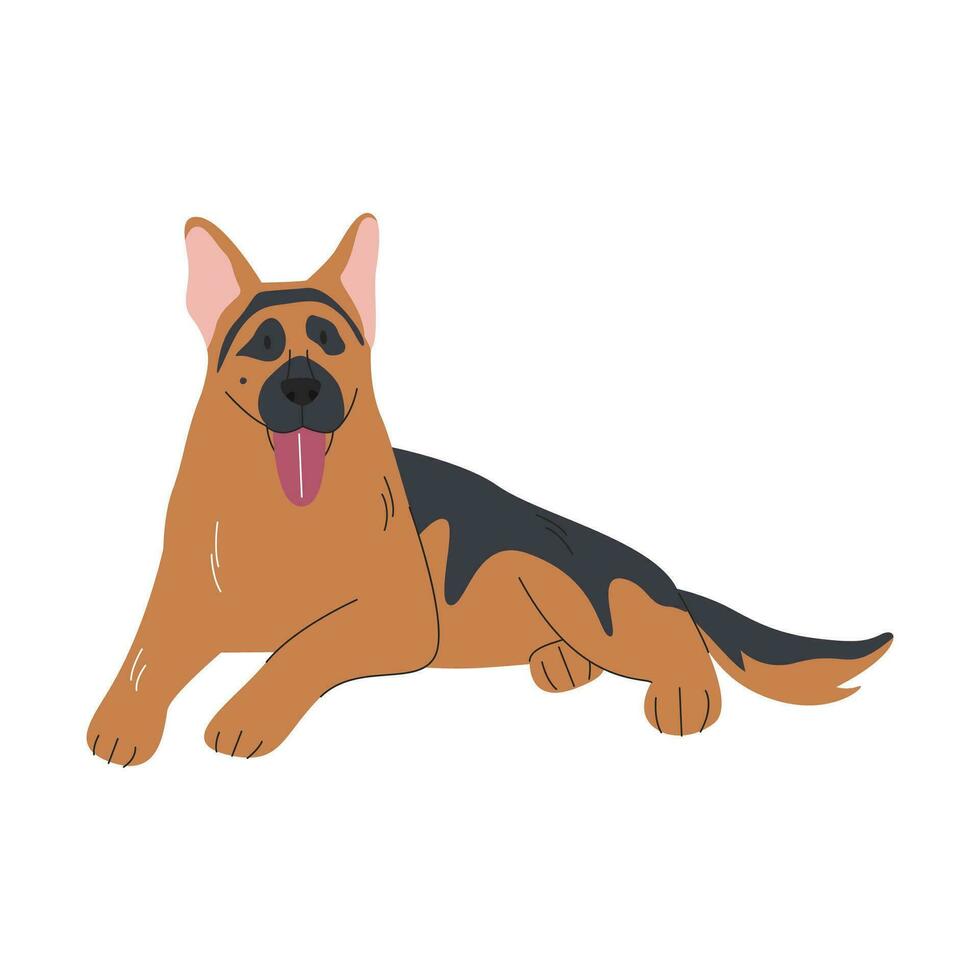 Dog with tongue out isolated on white. Sheepdog breed lying and resting side view. Cute german shepard silhouette colored design. Brown and black domestic animal hand drawn flat vector illustration