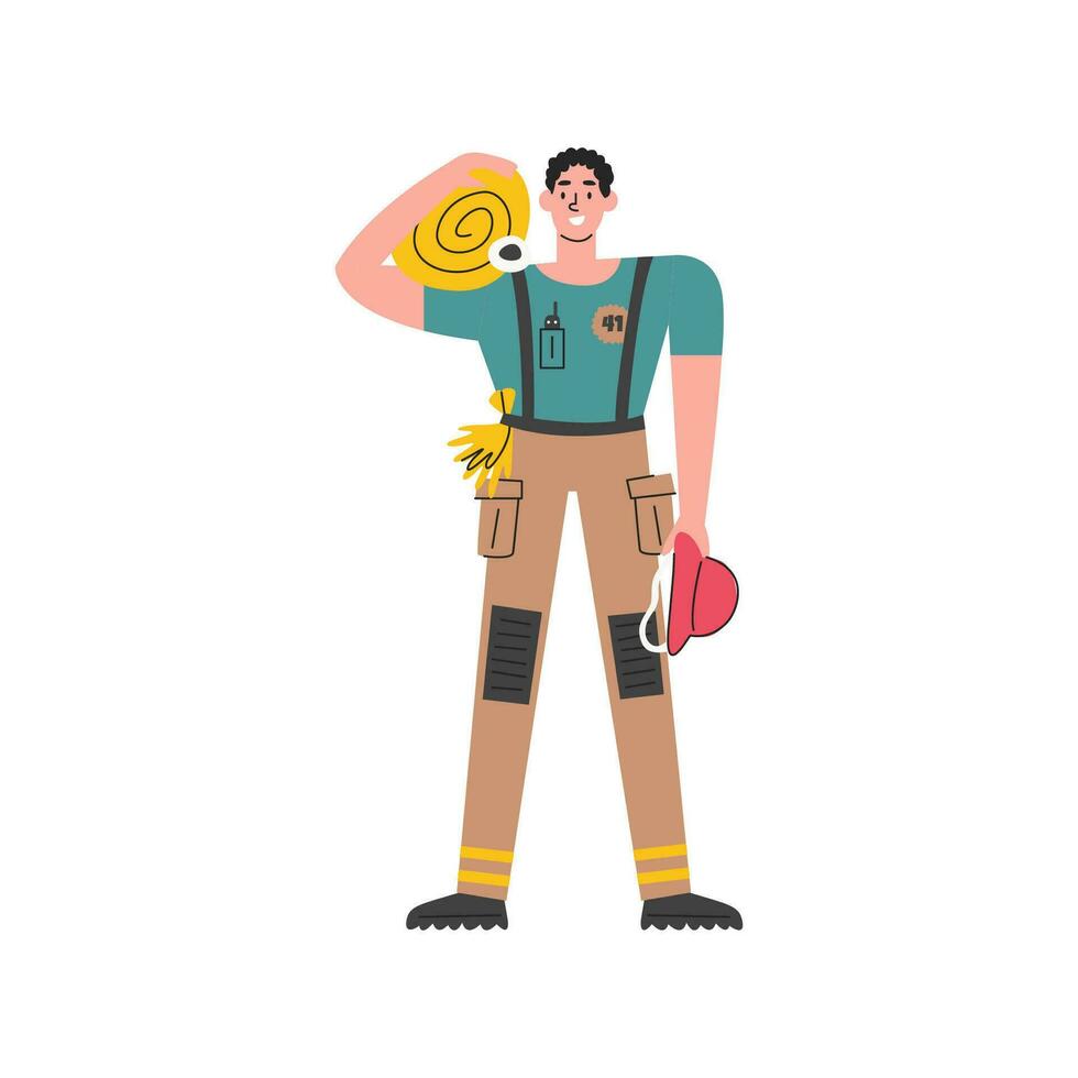 Firefighter personage design concept. Young adult emergency worker in uniform. Fireman holding hydrant isolated on white. Help and urgency service. Male character hand drawn flat vector illustration