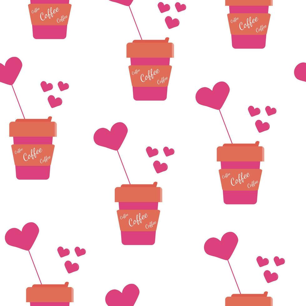 sin costura modelo con tazas de café para amantes en un blanco antecedentes. rosado y melocotón lentes en vector para San Valentín día