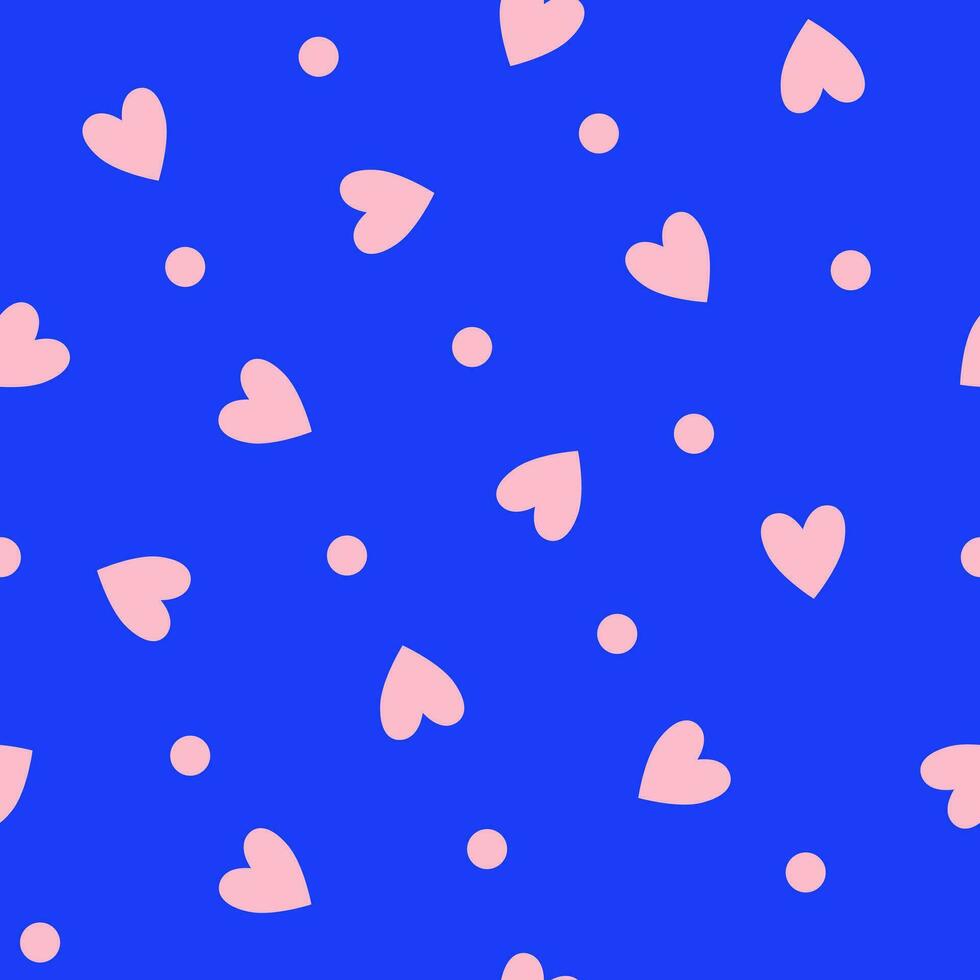 Repeating pink hearts and polka dots on a blue background. Endless romantic print. Vector illustration.