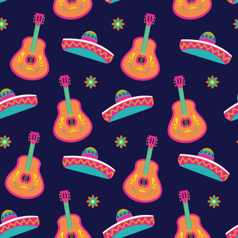 Seamless Pattern with traditional sombrero hat and Guitar, Cinco de Mayo pattern repeating background, vector illustration on a dark background.