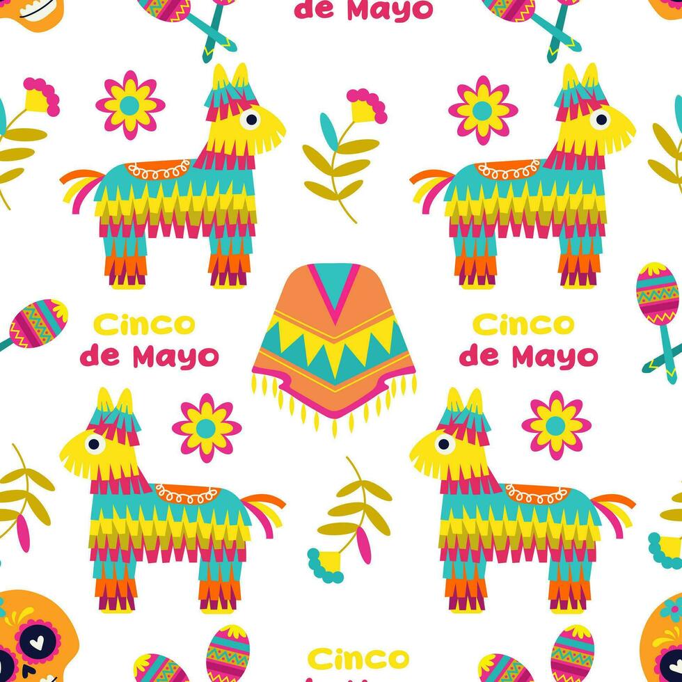 mexicano dibujos animados diseño con piñata, maracas y poncho. vector sin costura modelo. cinco Delaware mayonesa modelo repitiendo antecedentes. blanco antecedentes.