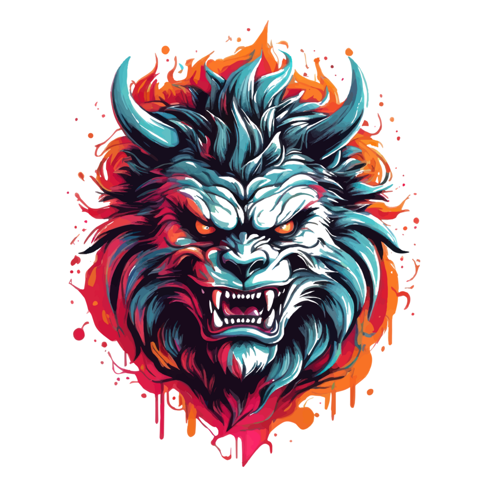 AI generated A psychedelic graphic design with a angry beast character, for T-shirt printing. png