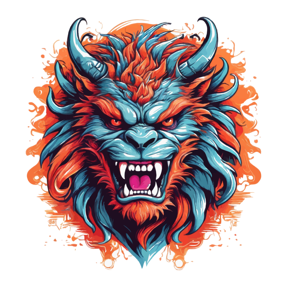 AI generated A psychedelic graphic design with a angry beast character, for T-shirt printing. png