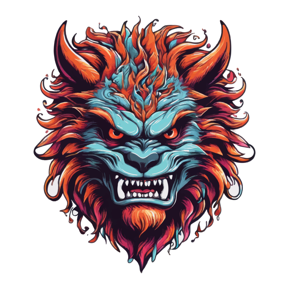 AI generated A psychedelic graphic design with a angry beast character, for T-shirt printing. png