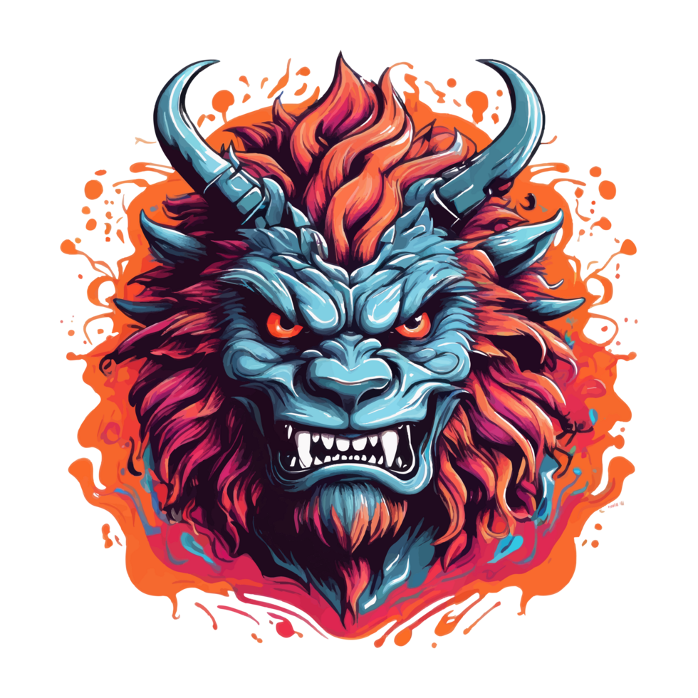 AI generated A psychedelic graphic design with a angry beast character, for T-shirt printing. png
