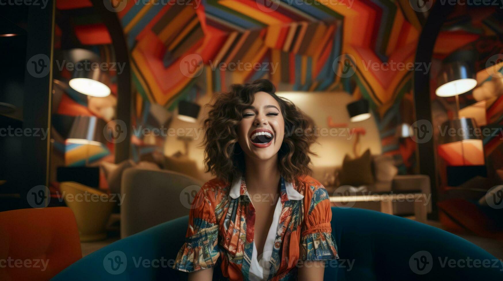 AI generated Happy photo of young woman in a colorful room. Generative AI