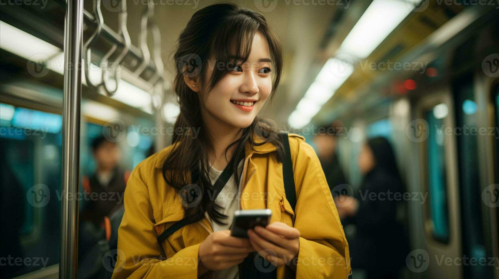 AI generated Photo of young Asian girl holding a phone in the subway explaining the importance of public transportation