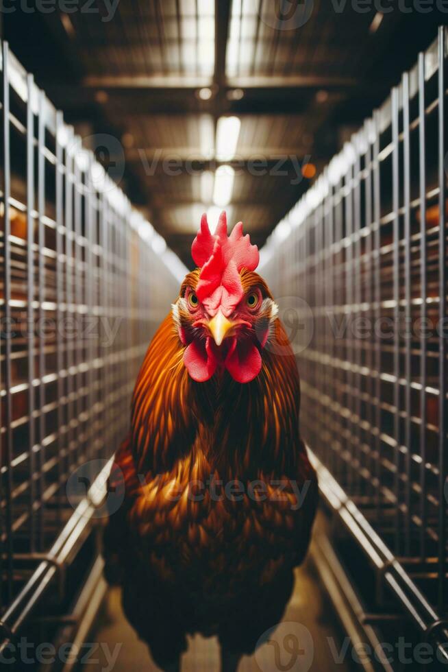 AI generated chickens in cages at a chicken farm photo