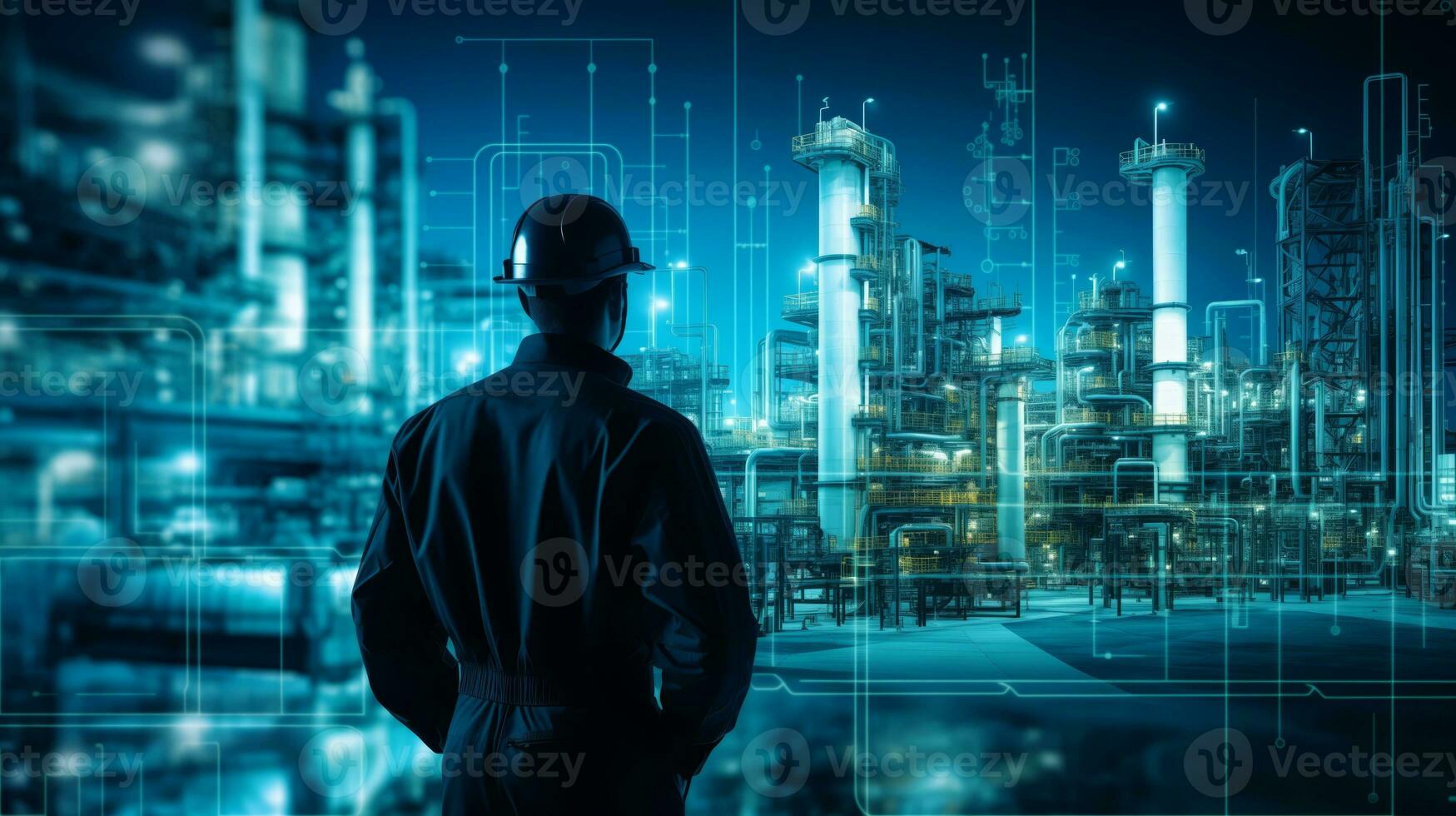 AI generated A worker in a hard hat inspecting an oil refinery for safety and productivity.. Generative AI photo