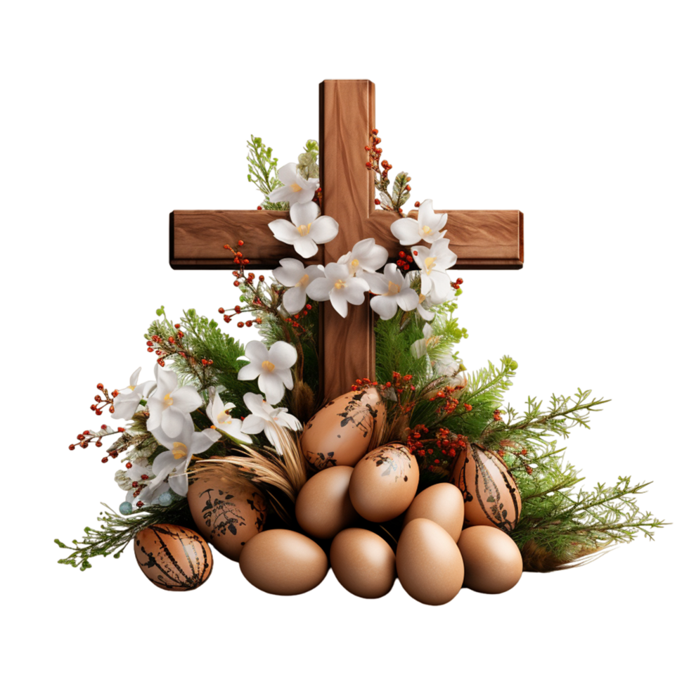 ai gegenereerd realistisch Pasen christen kruis samenstelling met overladen tekst en gekleurde eieren met bloemen png