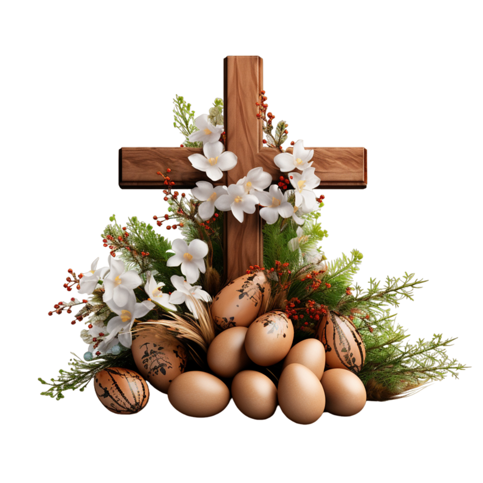 AI generated Realistic easter christian cross composition with ornate text and colored eggs with flowers png