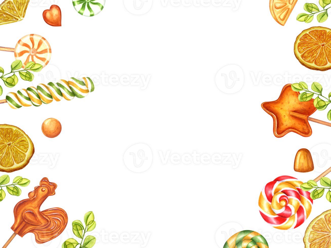 Orange flavored lollipops. Horizontal frame, copy space for text. Citrus caramels of different shapes, fruit jelly, orange slices. Sugar caramel on stick. Watercolor illustration png