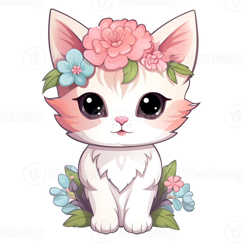 AI generated cute cat with flower clipart illustration for sticker, t shirt design png