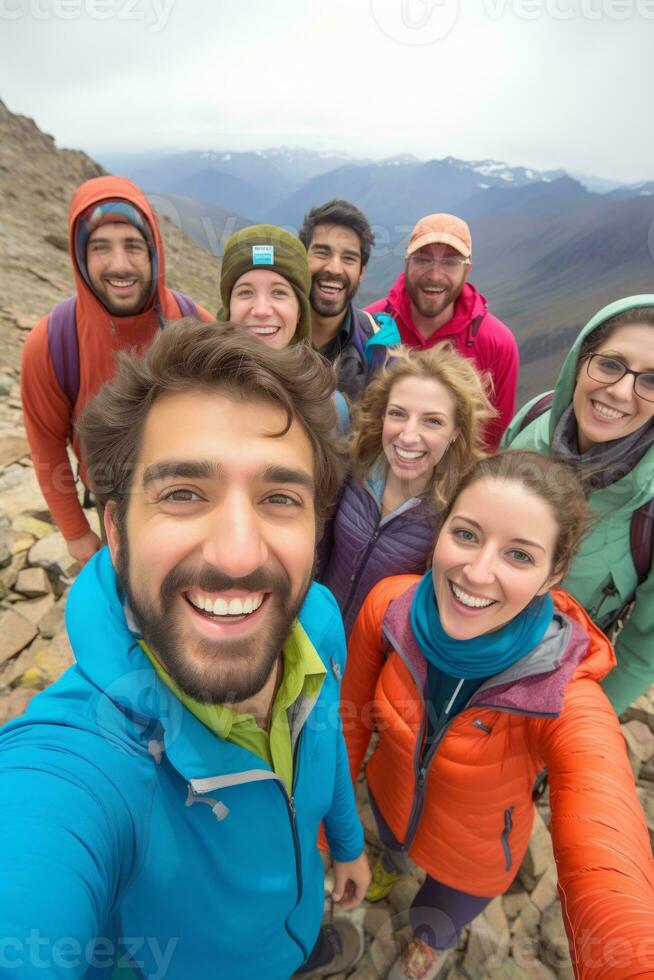 AI generated Group of tourist friends on a nature trip. Generative AI photo