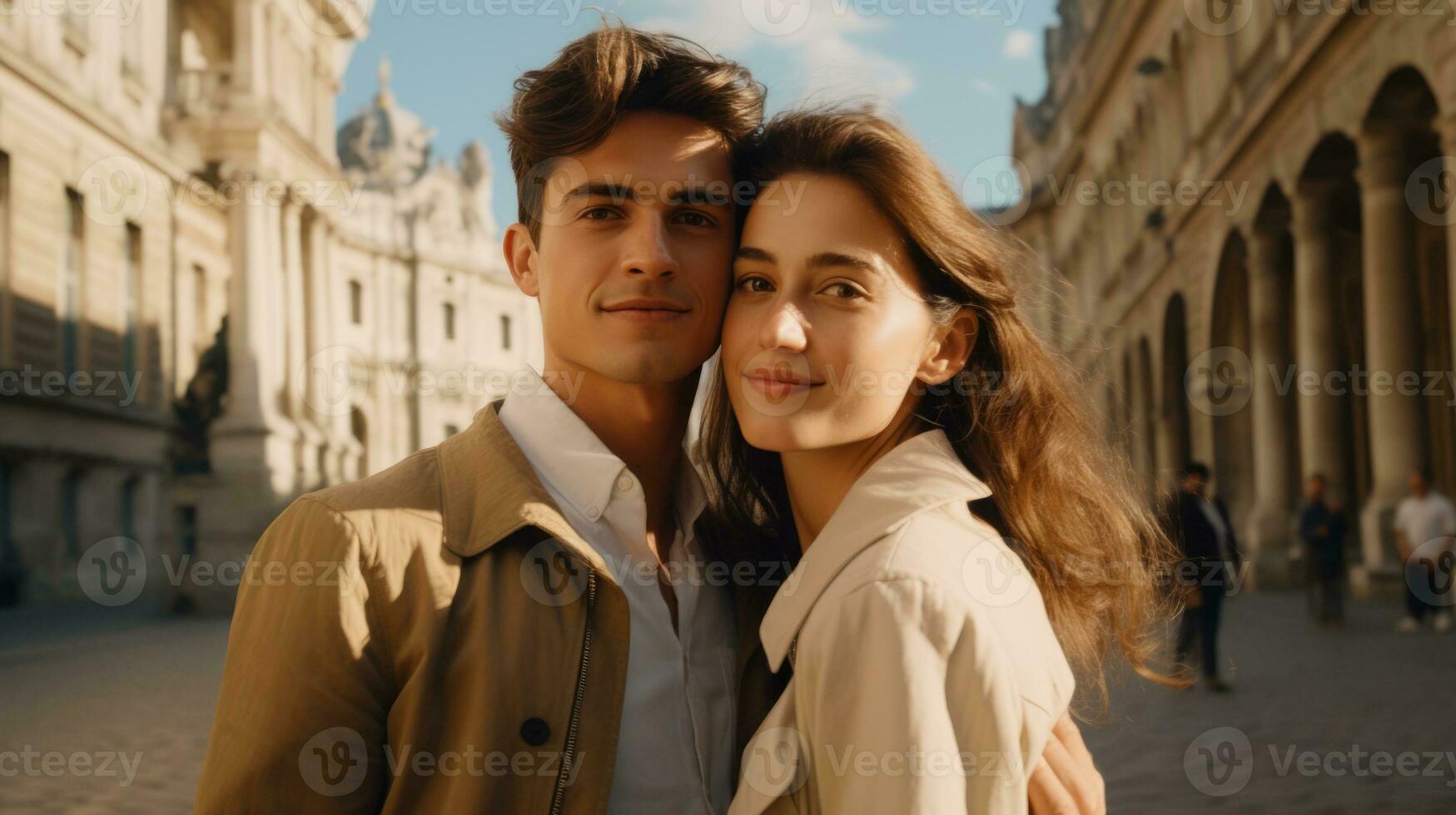 AI generated Young couple posing hugging in front of a historical building. Generative AI photo