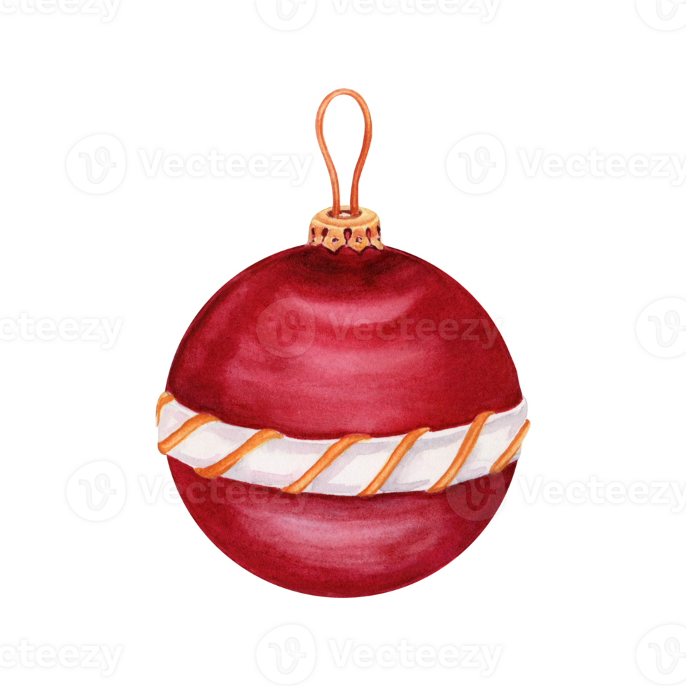 Red Christmas ball with white and gold ornament. Hand drawn watercolor illustration isolated on transparent background. Bauble design element for holiday cards, seasonal greetings and invitations png