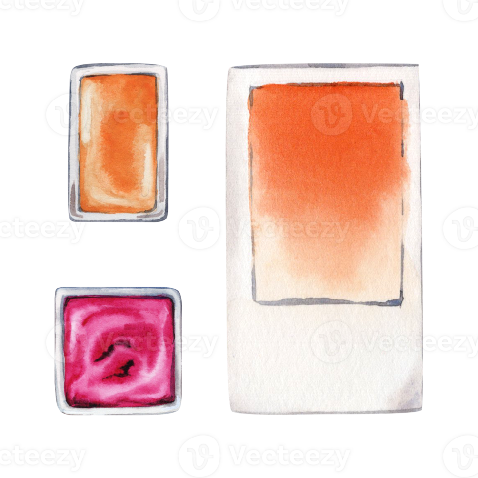 Peach Fuzz Swatch Card and two pans of paint. Orange and Pink. Top view of the art supplies object. Watercolor illustration isolated on transparent background. Art World Day elements for art classes png