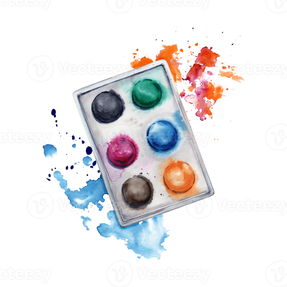 Set of watercolor paints in a palette with colorful splatter. Watercolor illustration isolated on transparent background. Art World Day collection for art classes, stores, flyers, ads, web designs png