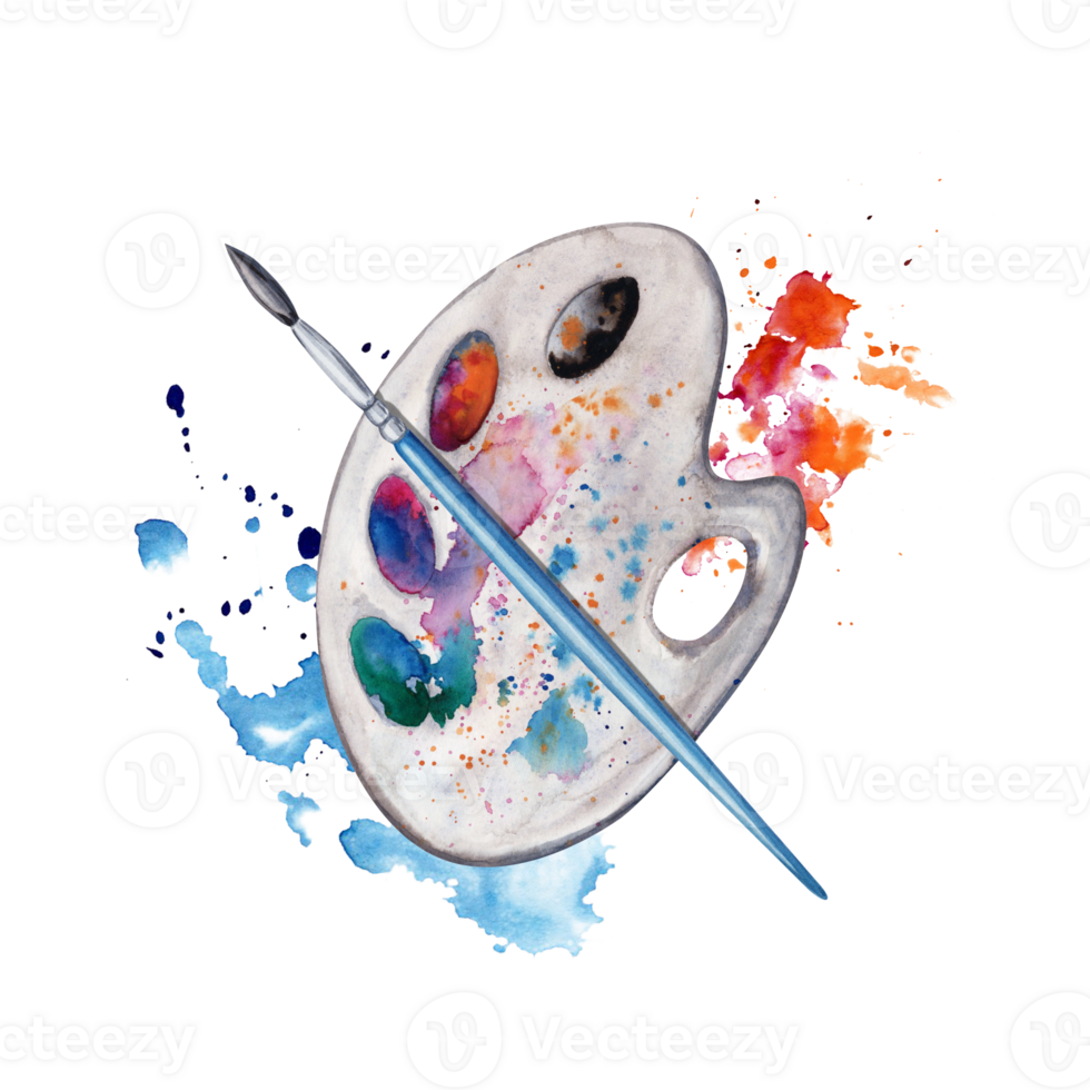 Artistic palette, brush with colorful paint splatter background. Watercolor illustration isolated on transparent background. Art World Day collection for art classes, stores, flyers, ads, web designs png