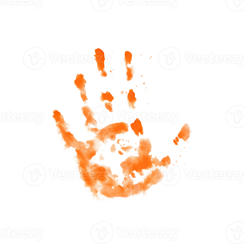 Left hand orange handprint. Paint stains abstract background. Watercolor illustration isolated on transparent background. World Art Day collection for art classes, stores, flyers, ads, web designs png