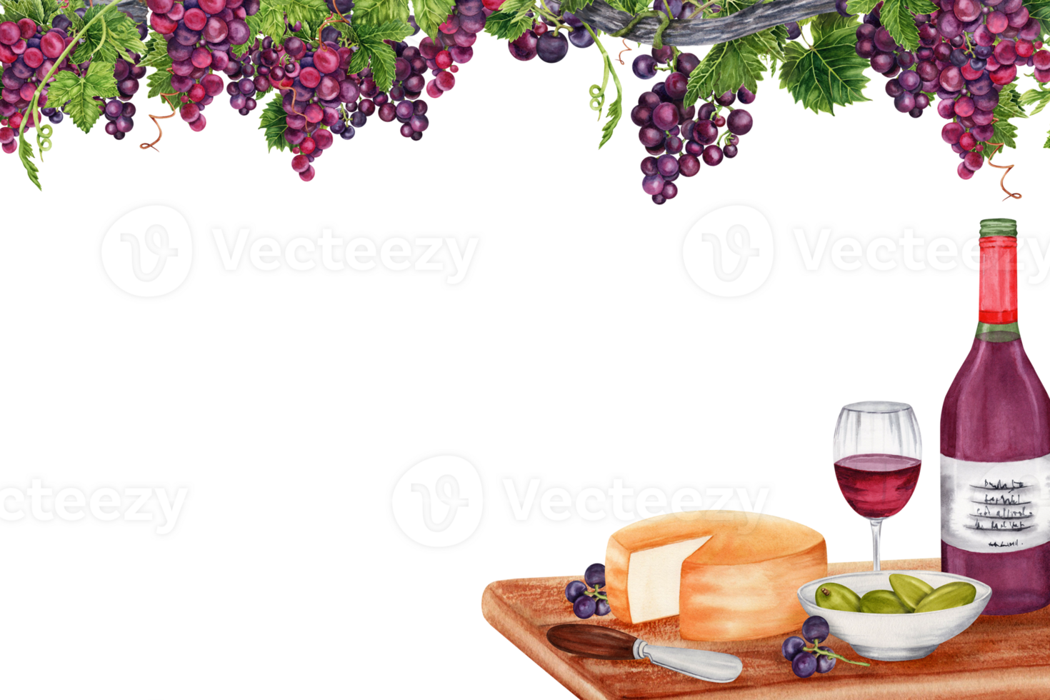 Postcard design with cheese, wine glass, bottle, plate with green olives, knife on wooden board under bunches of grapes on vine branch. Watercolor illustration isolated on transparent background. png