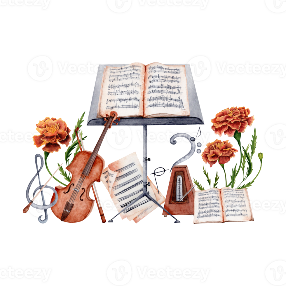 viool, muziek- stellage, vel muziek, wapenstok, metronoom, treble en bas sleutel versierd met goudsbloem bloemen samenstelling. waterverf illustratie geïsoleerd Aan transparant achtergrond. elegant ontwerp element png