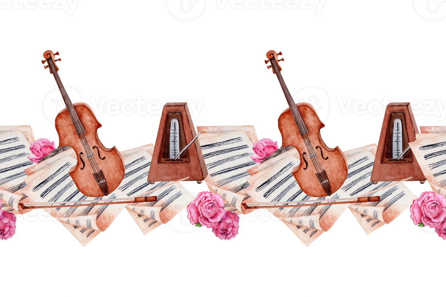 Seamless banner design. Violin, Bow, Metronome, Sheet Music decorated with marigold flowers composition. Hand drawn watercolor illustration isolated on transparent background. For frames and borders png