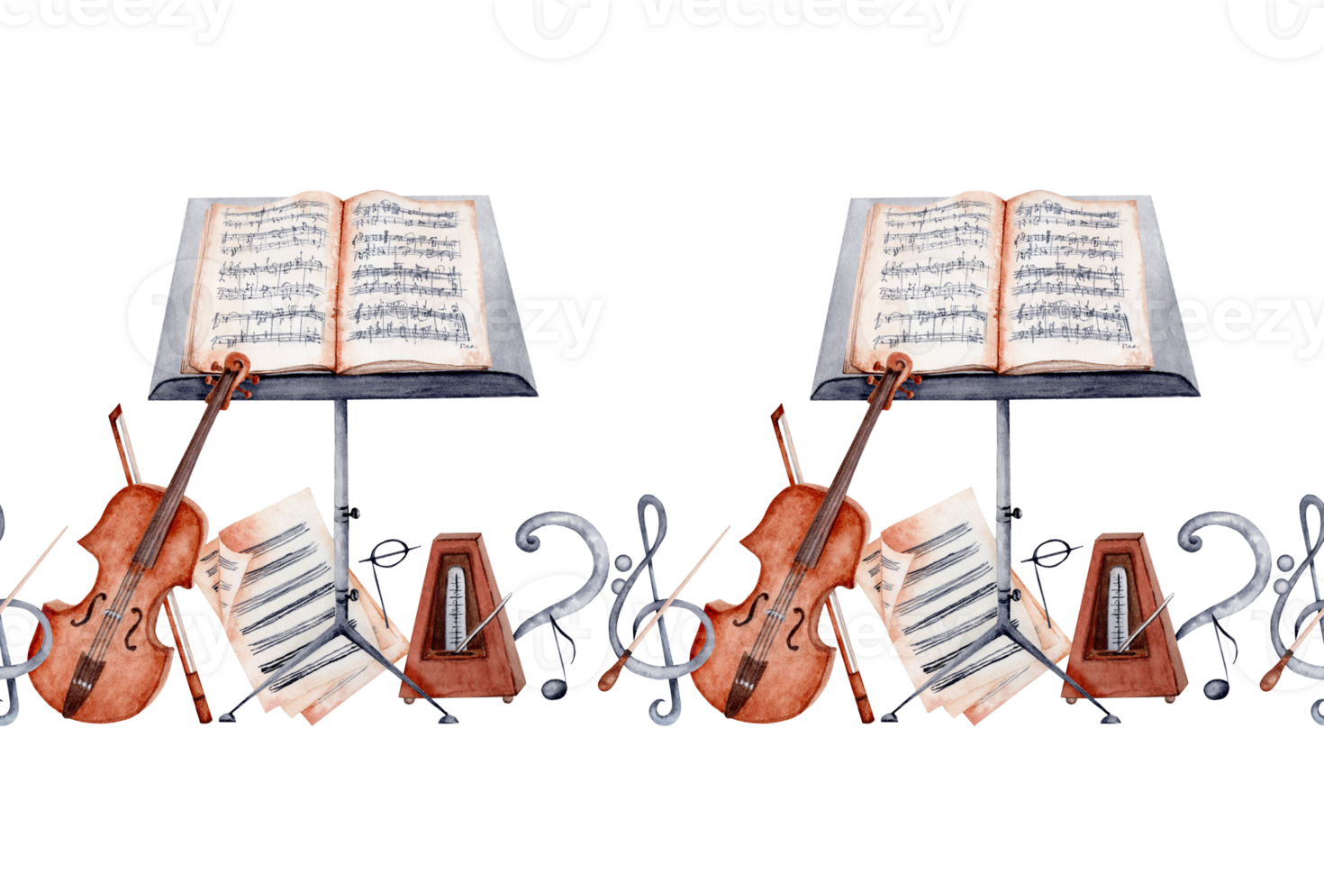 Endless banner with Violin, Music Stand, Sheet Music, Baton, Metronome, Treble and Bass Clef and Music Notes. Classical music composition. Watercolor illustration isolated on transparent background. png