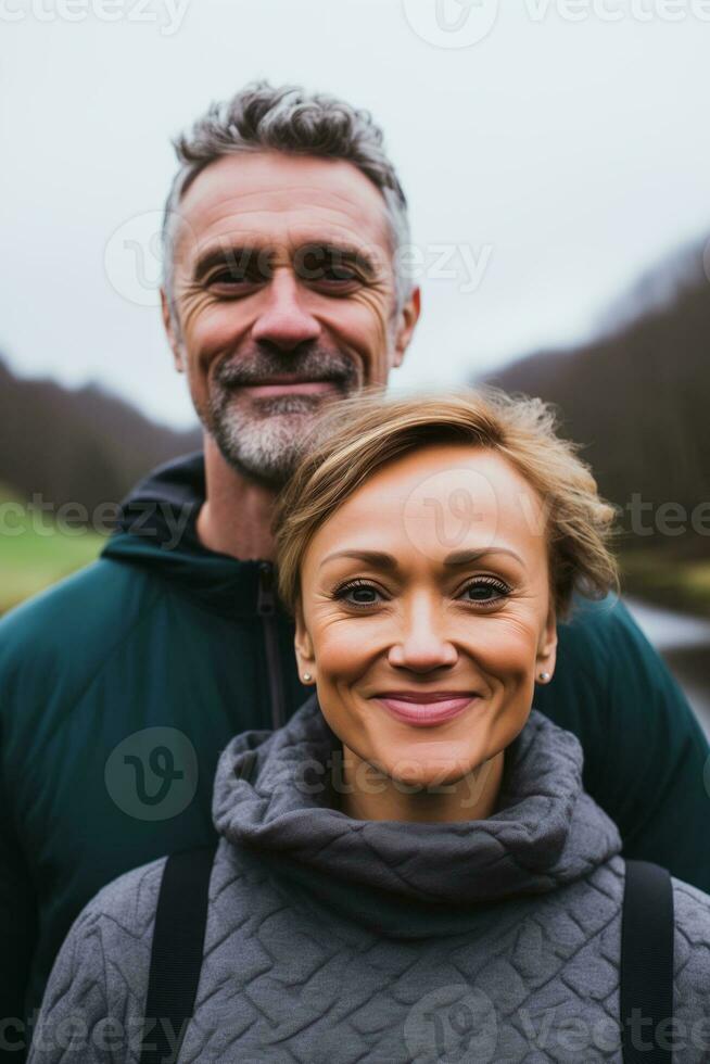 AI generated Middle-aged couple on a nature trip photo