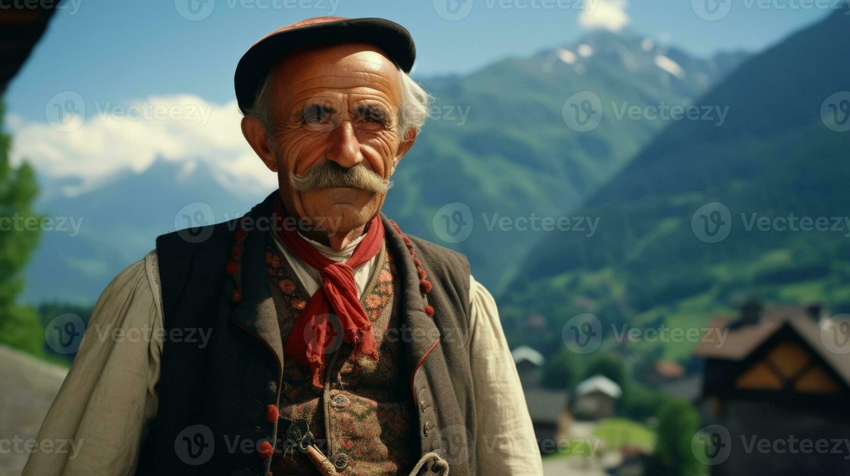 AI generated Old man in a village with lush mountain view. Generative AI photo