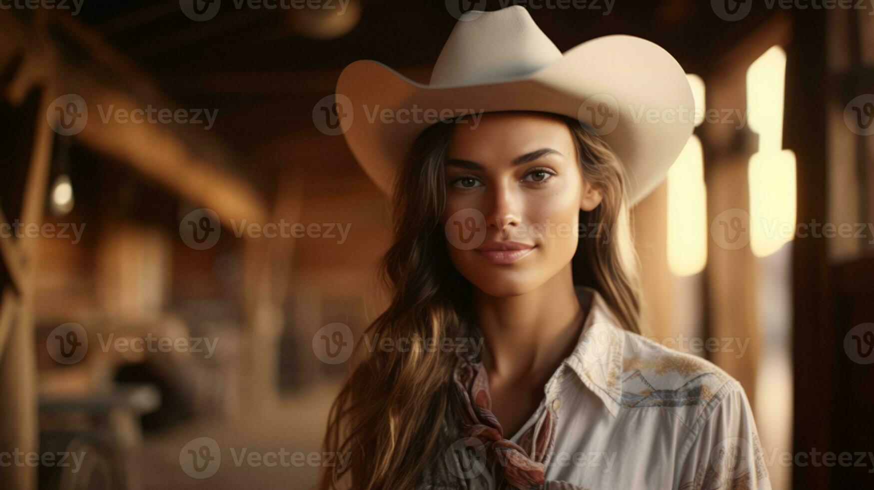 AI generated Young girl on the farm wearing a cowboy hat. Generative AI photo